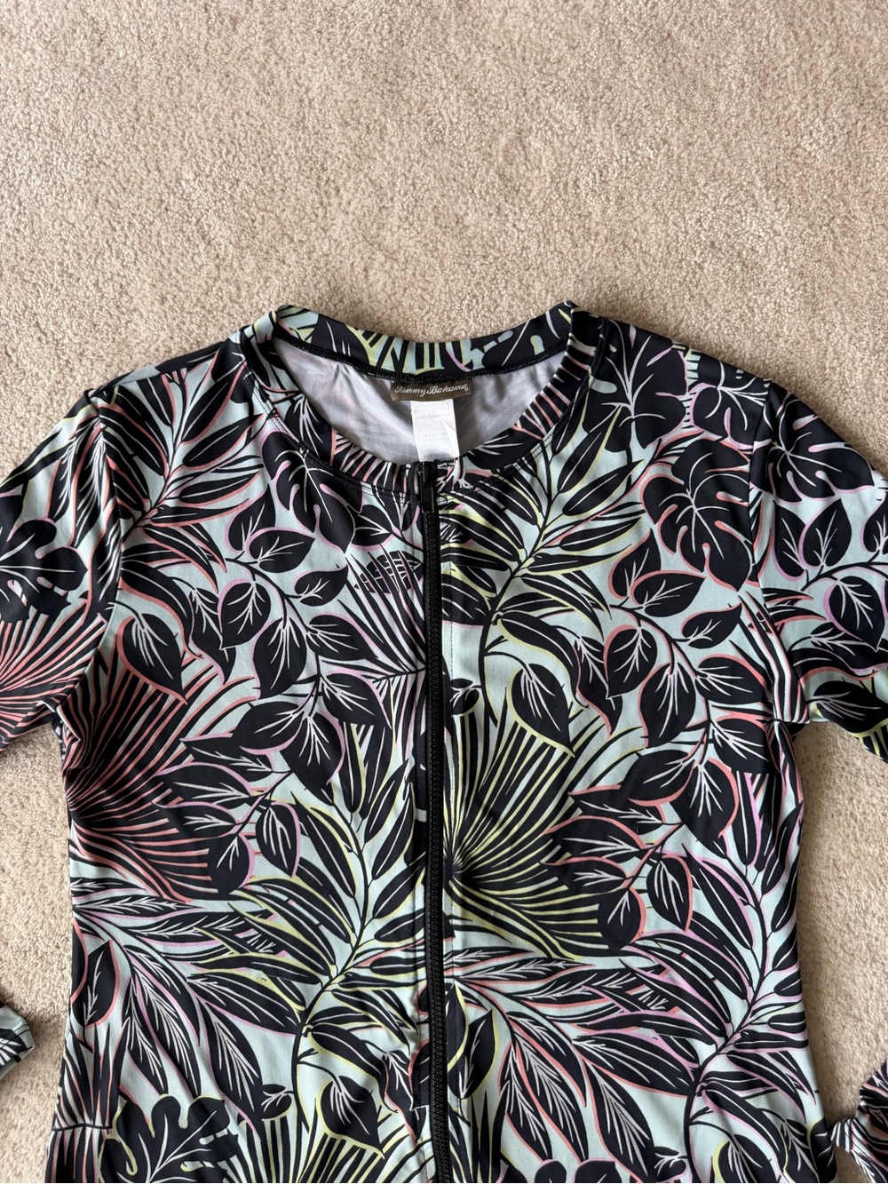 Tommy Bahama Black Leaf Print Zip-Front Top with Pastel Accents